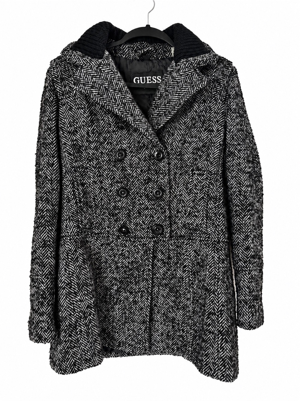 Guess Herringbone Wool Blend Double Breasted Knit Pea Coat Pocket Office Black L